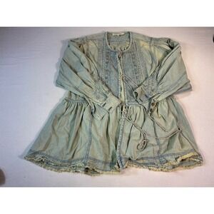 Free People Small Light Wash Denim Blue Smocked Cotton Linen Boho Tunic Top